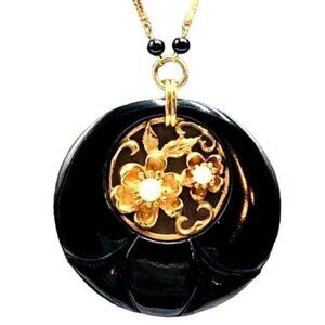 14k Yellow Gold Womens Necklace Black Onyx Pearl Pendant Vintage 16.2 Gram
